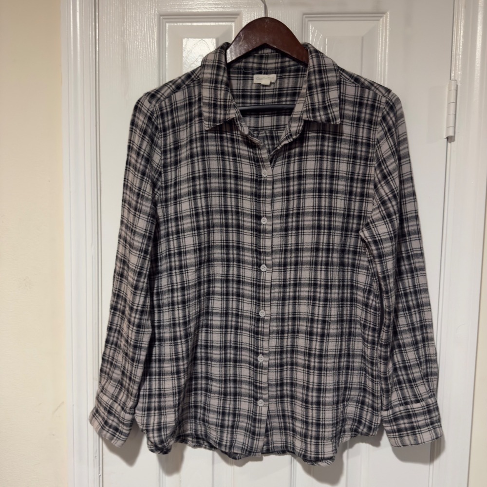 Garnet Hill Black & Gray‎ Plaid Organic Cotton Button Down Shirt Women's Size 12
